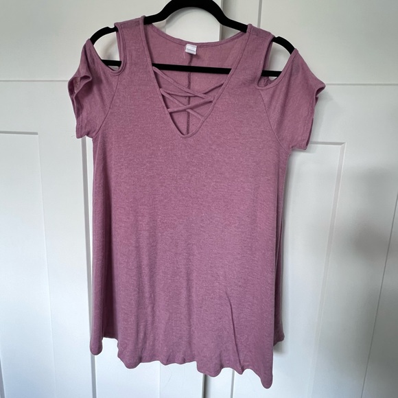 Pink Blush V-Neck Open Shoulder Sweater Tunic Mini Dress - Picture 2 of 7